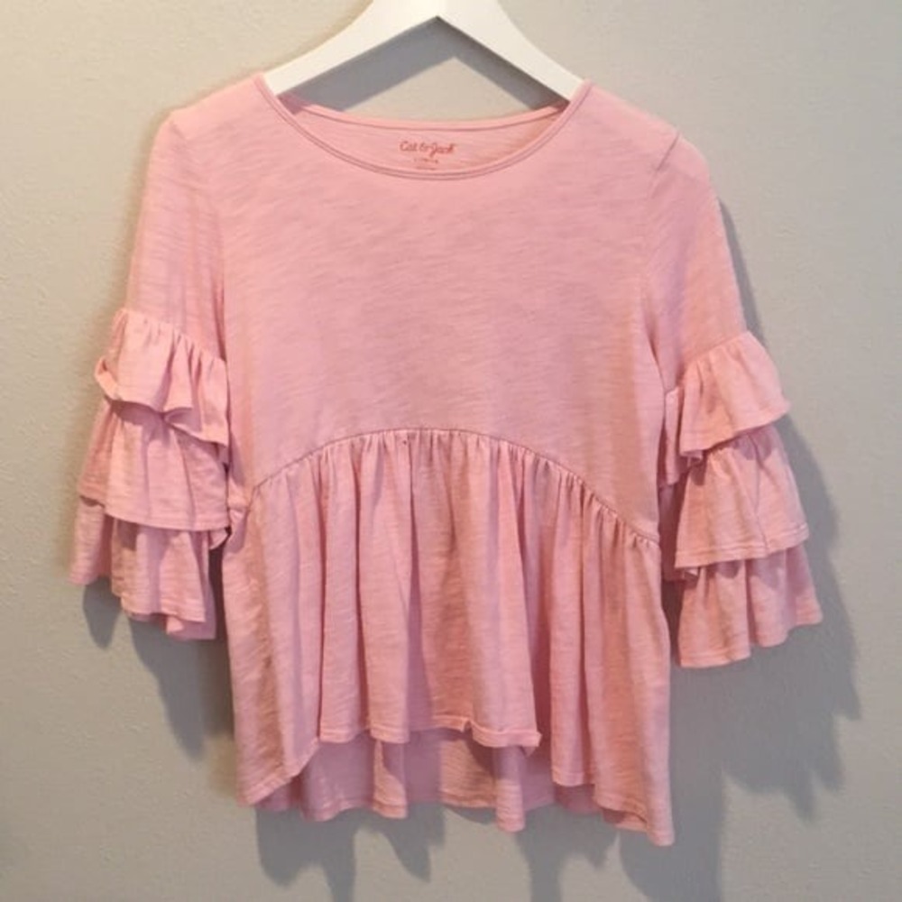 Cat and Jack Pink flowy three quarter sleeve shirt size 10/12 ruffle sleeves
